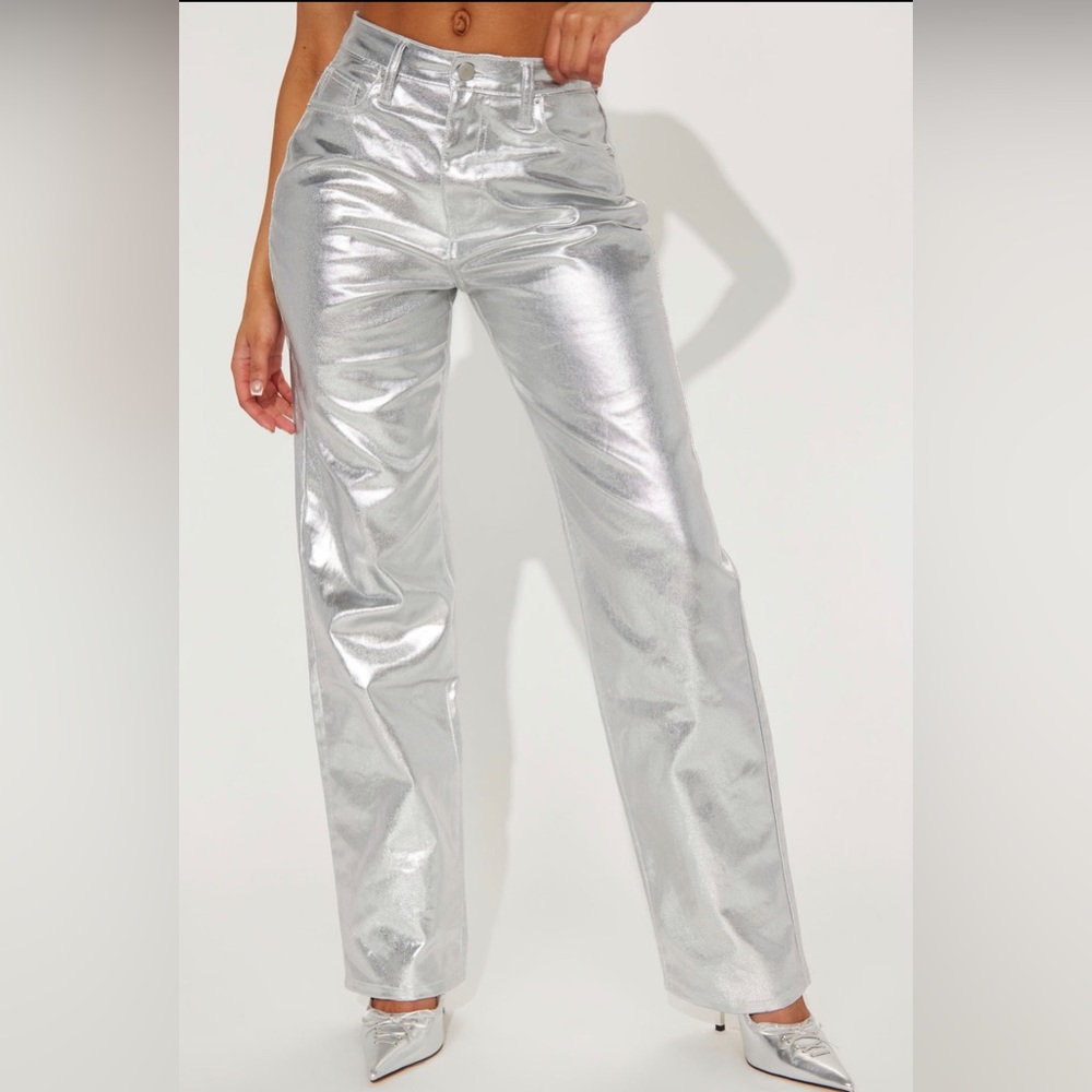 Felt A Spark Metallic Straight Leg Pants - Silver
